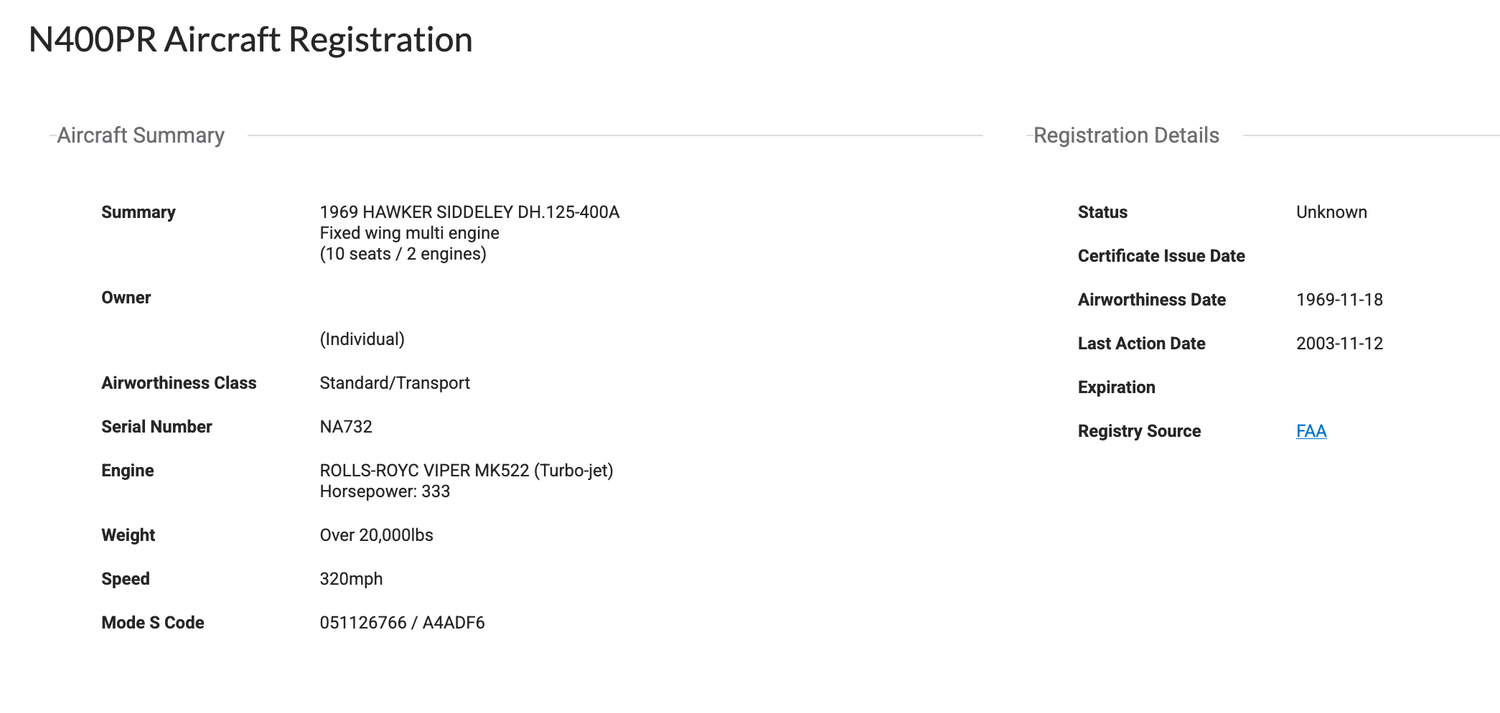 N400PR aircraft registration document showing a 1969 Harper Seedley fixed-wing multi-engine plane with Standard Transport classification.