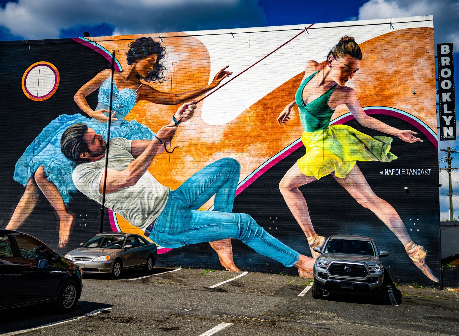 Sequential street art mural showing figures in dynamic running poses.