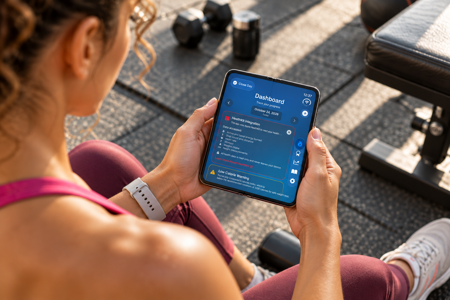 Woman in athletic wear checks a fitness dashboard on a foldable tablet in a gym with dumbbells and a weight bench nearby.