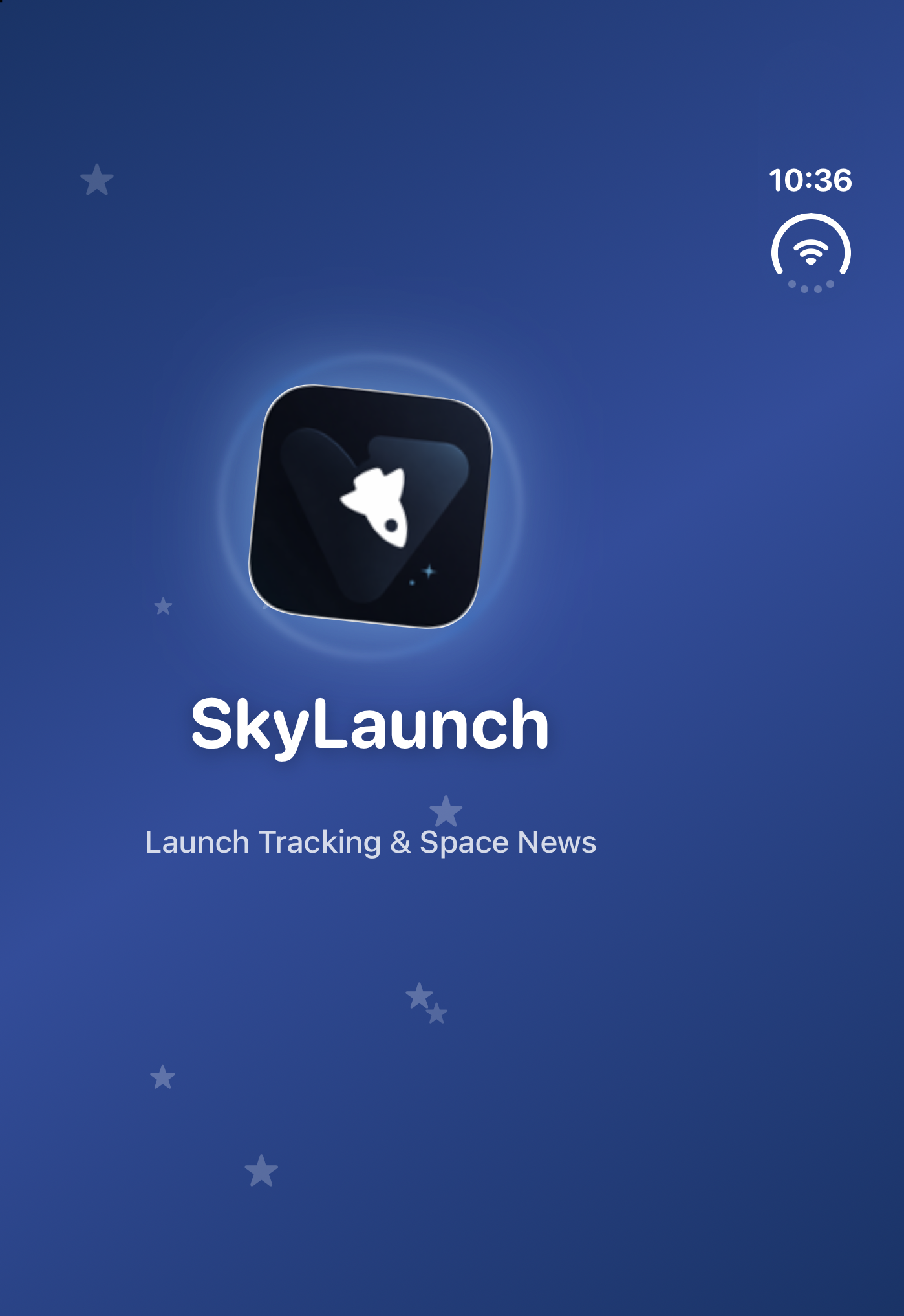SkyLaunch app splash screen with a rocket icon on a blue starry background, labeled Launch Tracking & Space News.