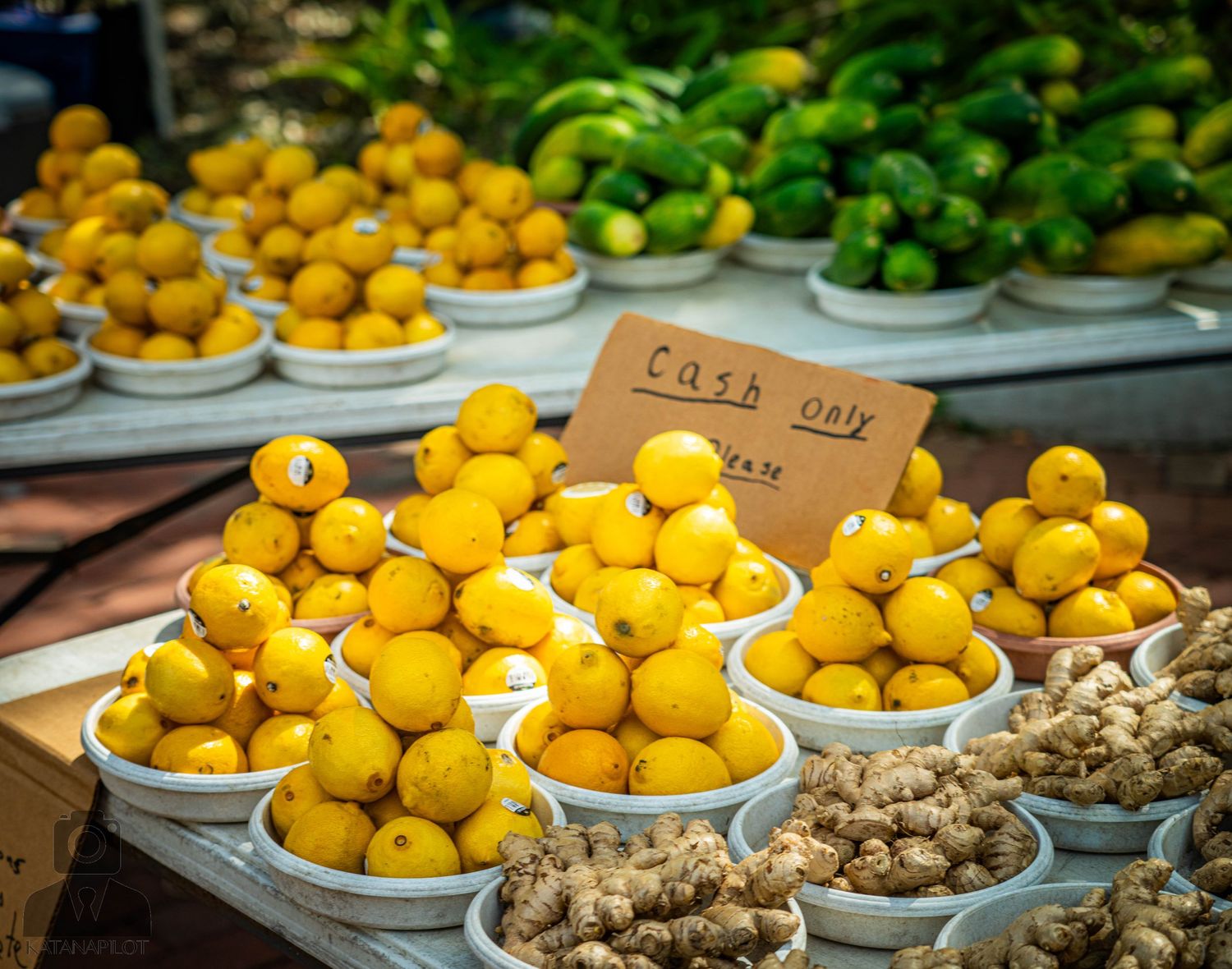 Fresh citrus fruits and produce displayed in white bowls at an outdoor market.