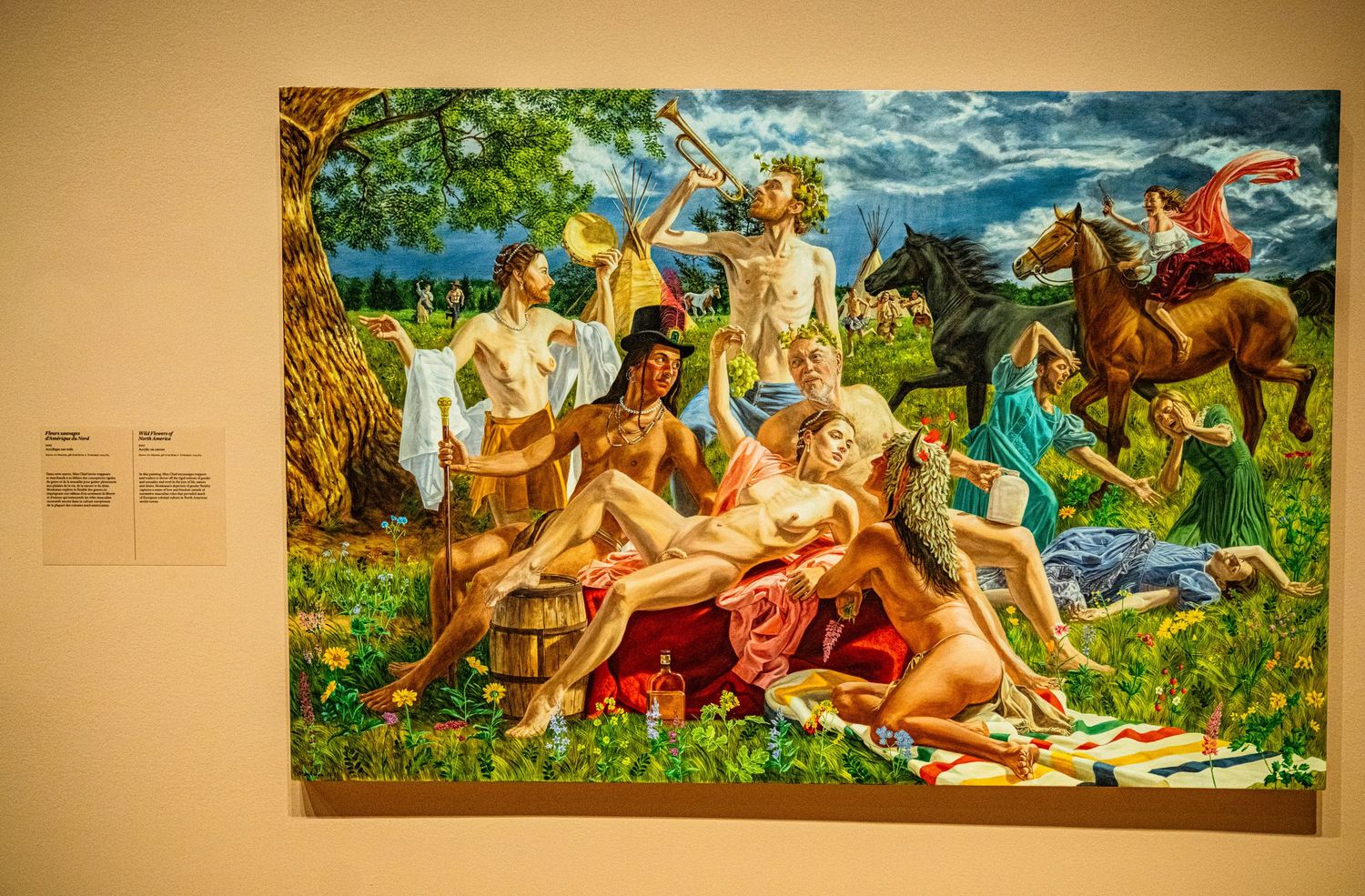 A series of colorful panoramic paintings depicting pastoral scenes with figures lounging in vibrant natural landscapes.