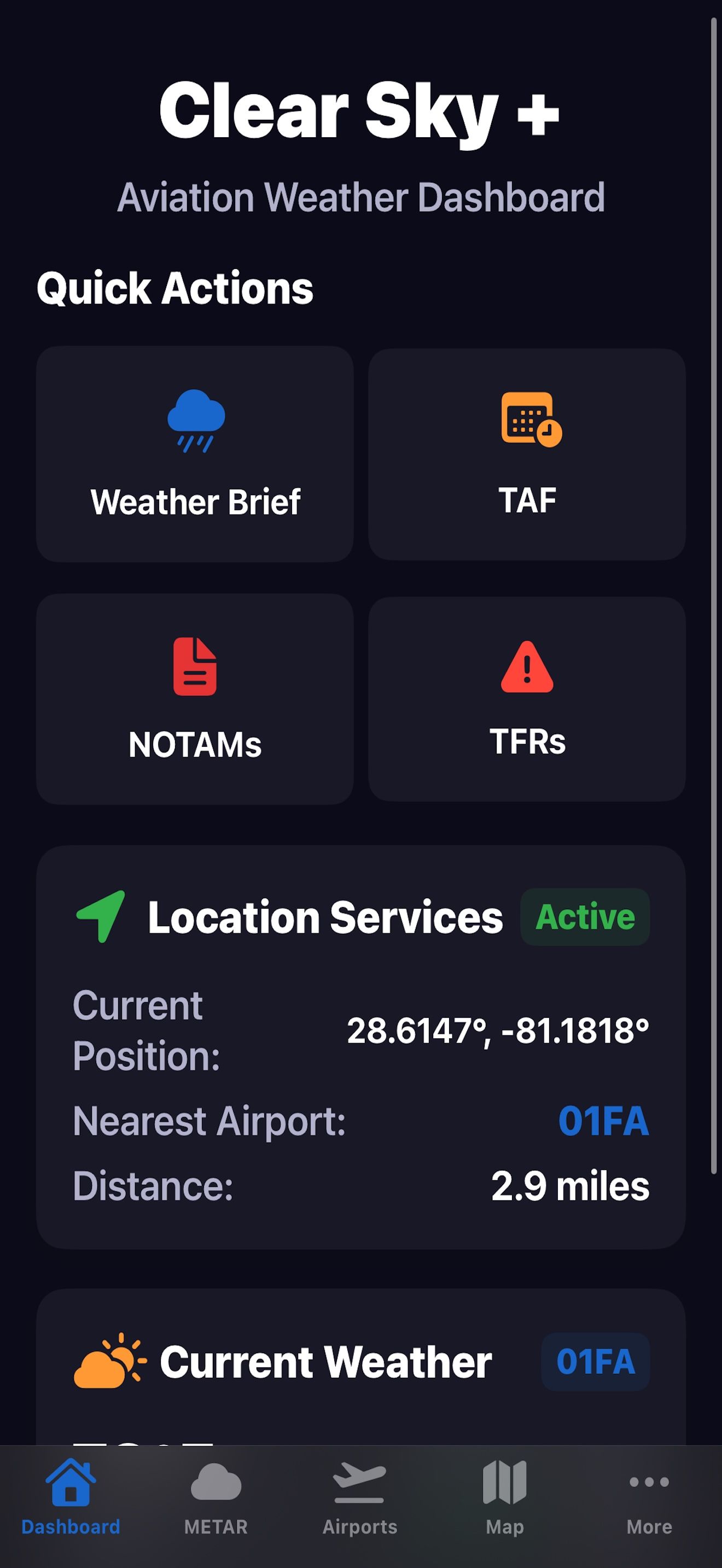 Aviation weather dashboard showing location services and current weather information.