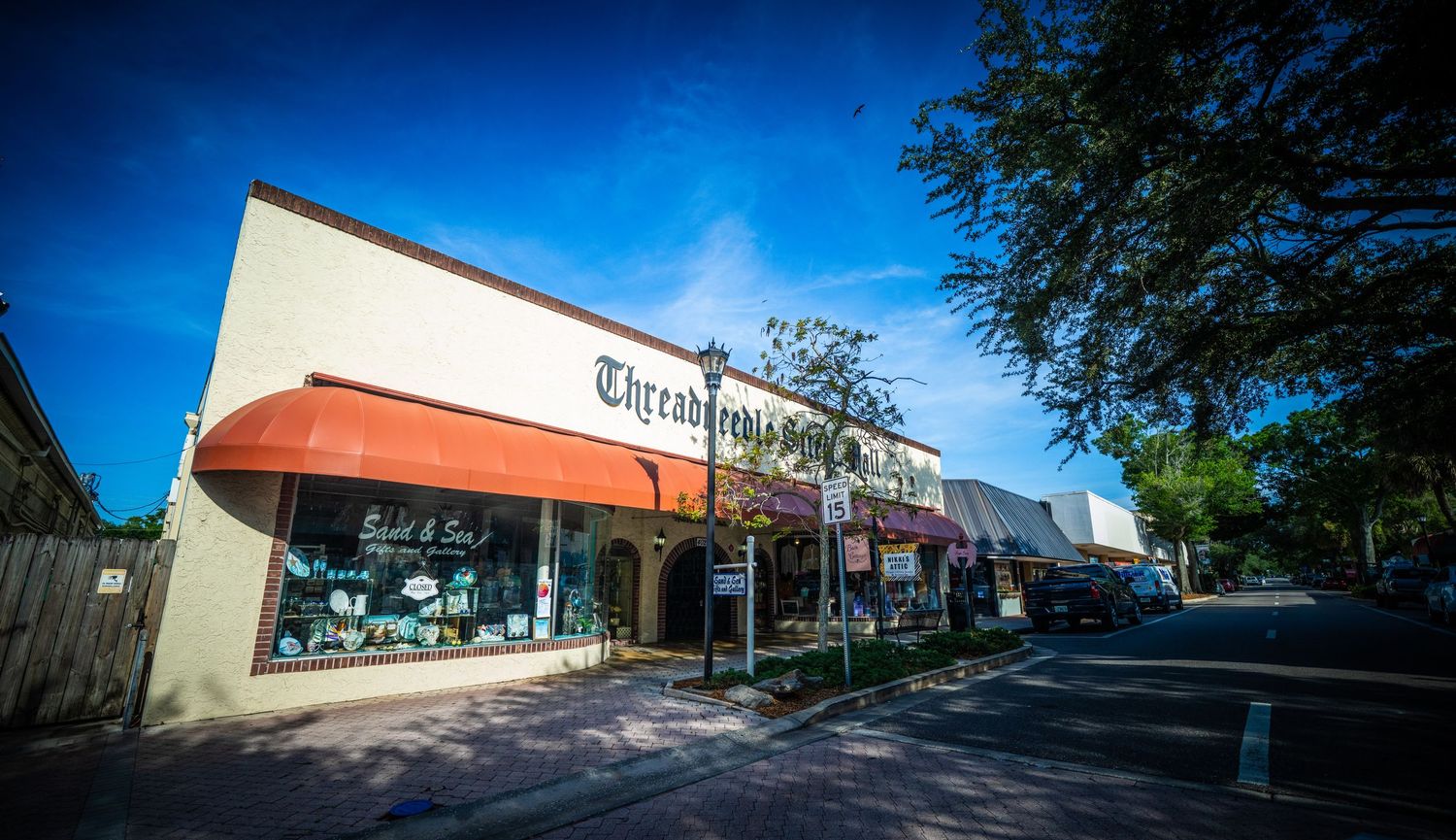 Row of connected retail storefronts with awnings along a quiet suburban street.