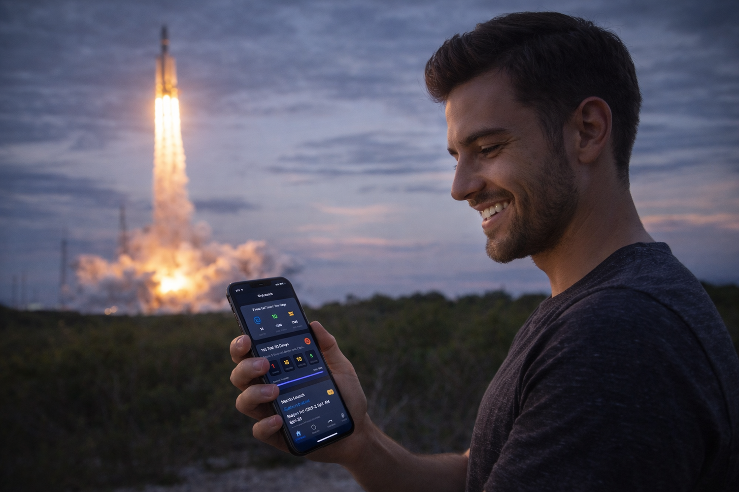 A sequence showing a rocket launch at dusk with someone viewing it on their phone in the foreground.