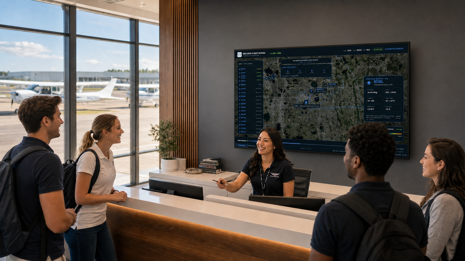 Airport lounge staff assists travelers at a modern reception desk with a flight map display screen.