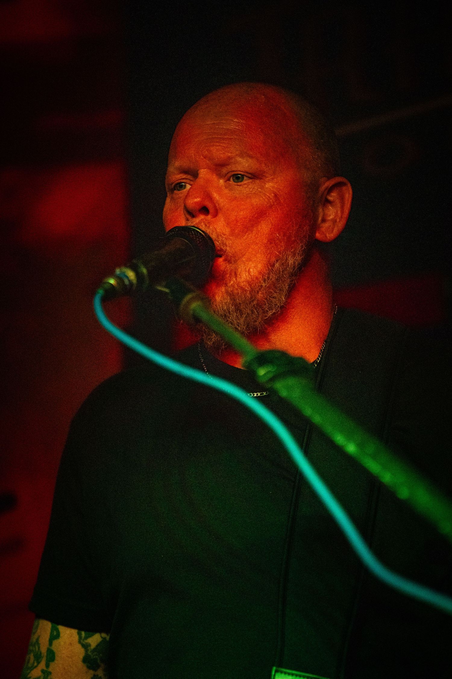 Close-up of performer singing into microphone under red and green stage lighting.