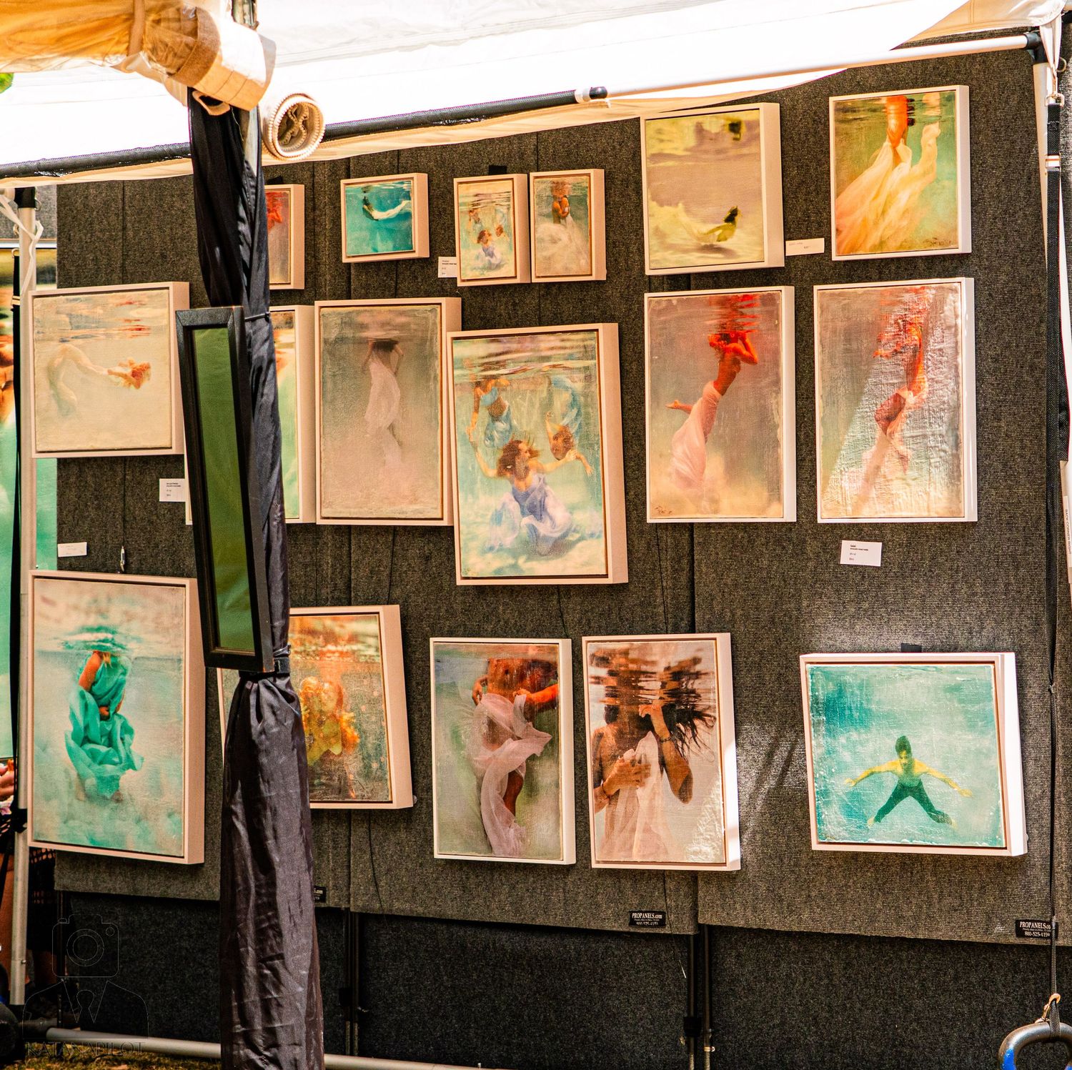 Row of framed watercolor artworks displayed on dark panels at an art show.