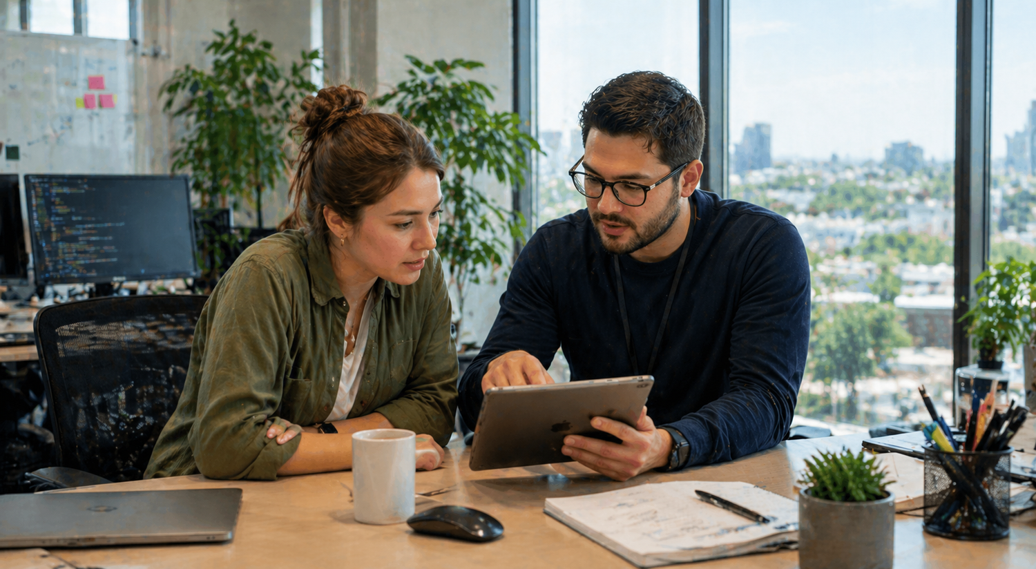 Two professionals collaborating on a tablet in a modern office with city views, reviewing business data together.
