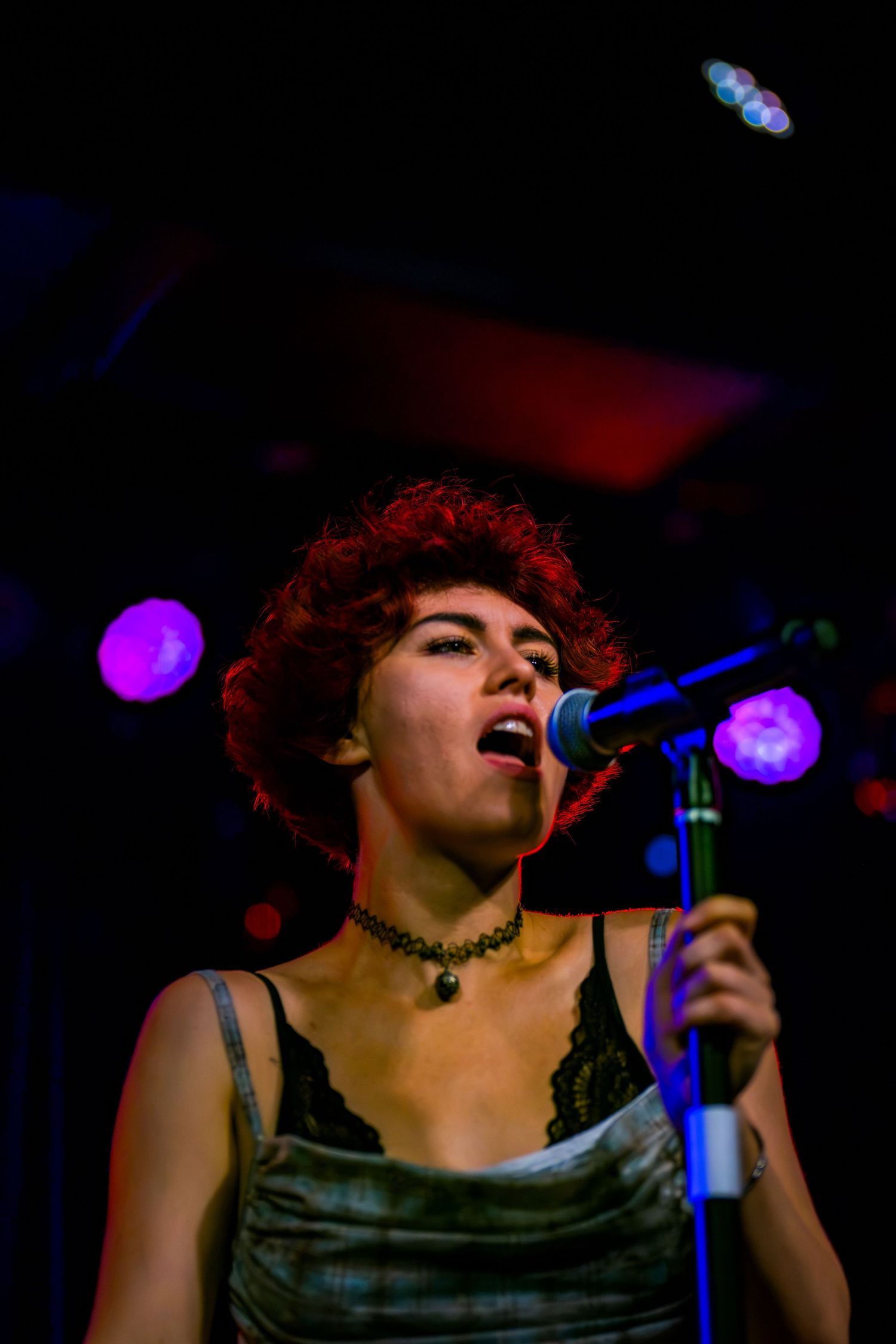 Red curly-haired female vocalist singing into microphone on dark stage with purple lights.