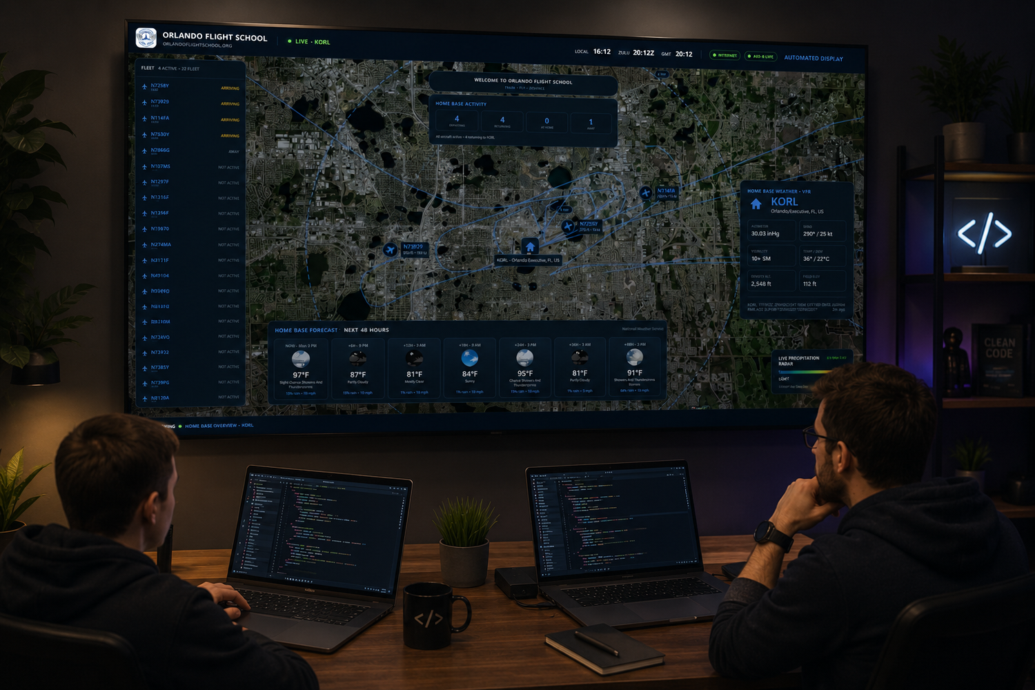 Two professionals analyze a large tactical map display with data overlays in a dark command center setup.