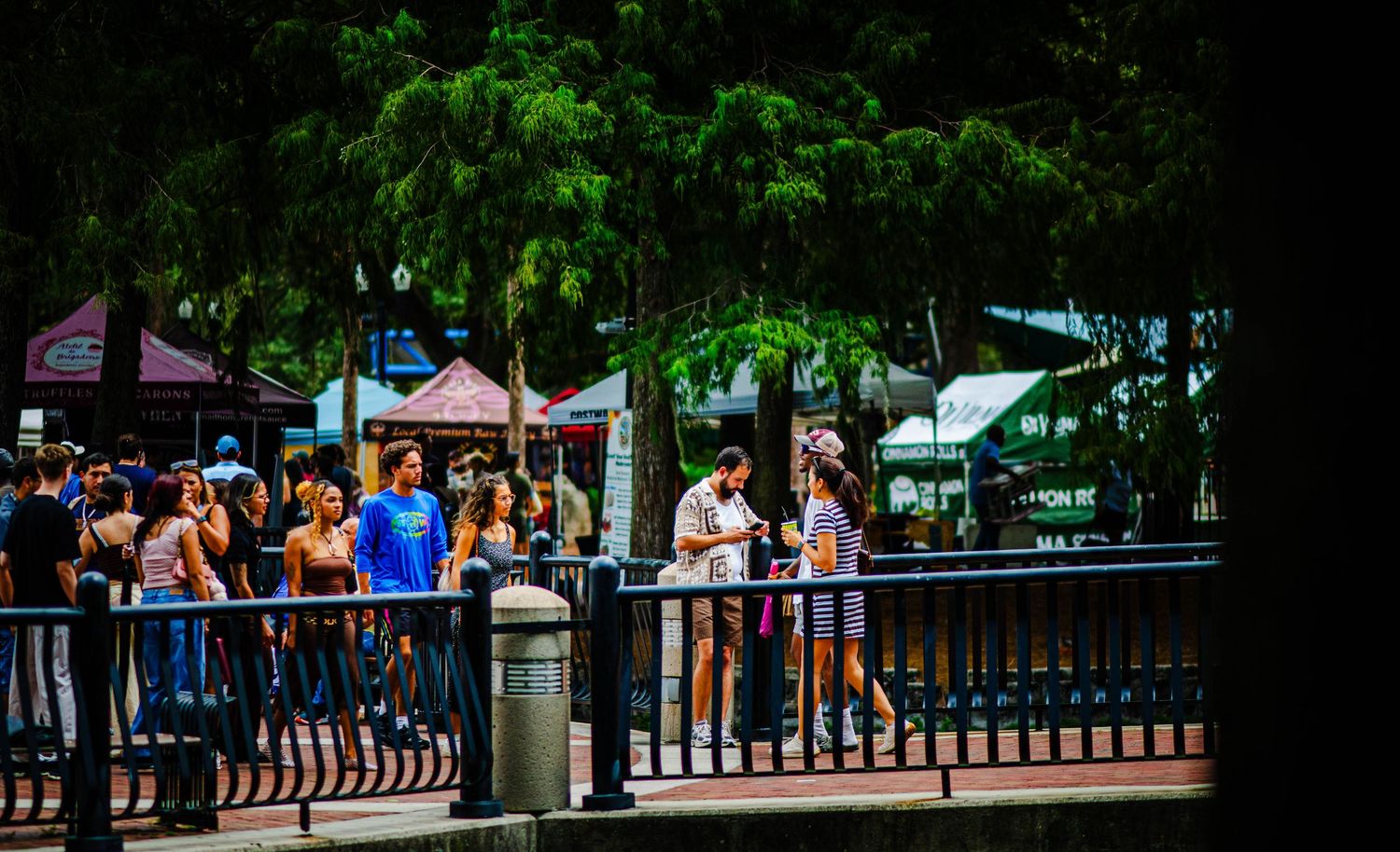 Crowd of people gathered along a metal railing at an outdoor festival with colorful tents and green trees in background.
