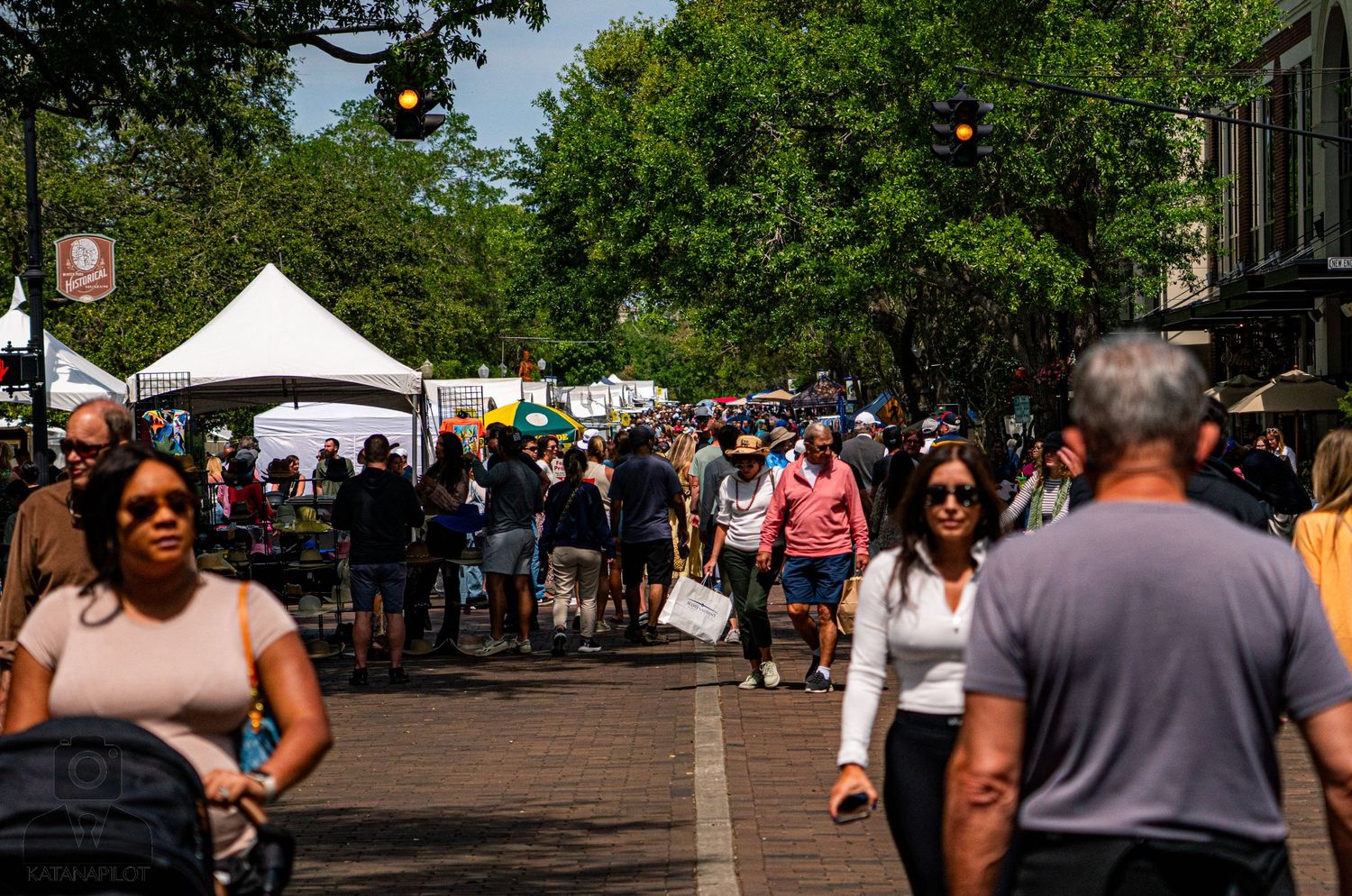 Crowded outdoor festival walkway with visitors browsing vendor tents and displays.