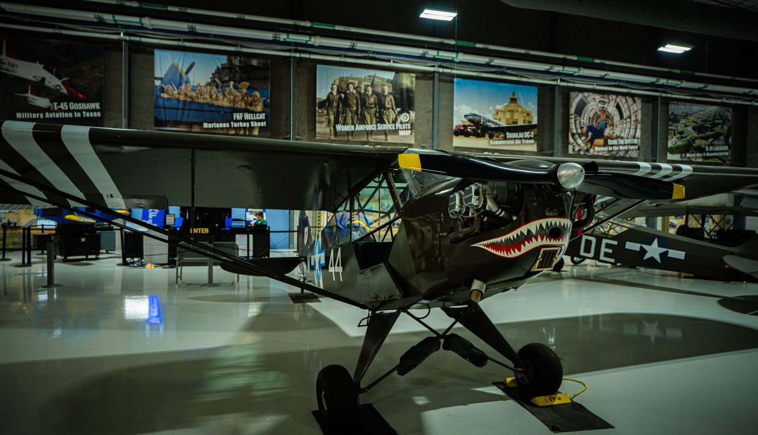 WWII military aircraft with shark mouth nose art on display in a modern aviation museum with historical photo murals.