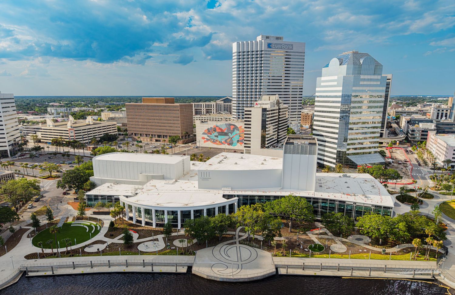 Aerial view of a modern downtown cityscape with convention center, skyscrapers, and waterfront under a partly cloudy sky.