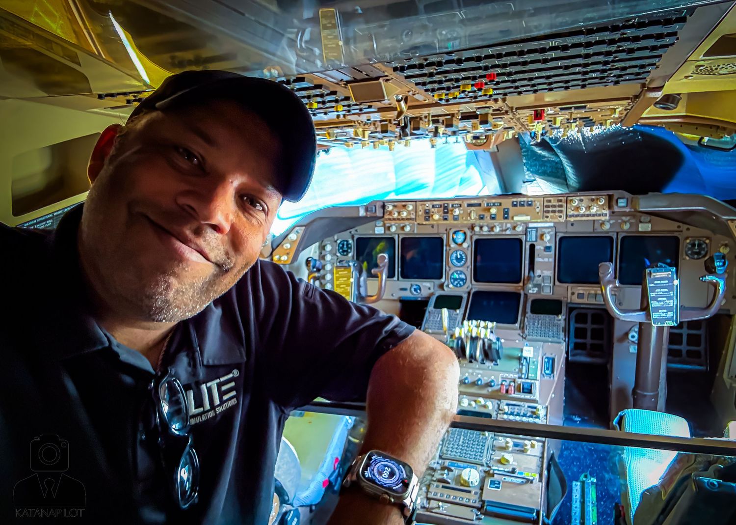 Interior view of an aircraft cockpit showing flight instruments and controls.