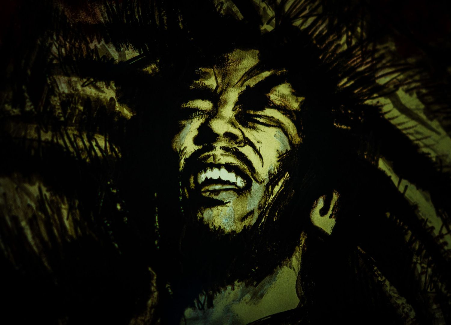 Dramatic golden-toned artistic portrait painting of a man with dreadlocks laughing joyfully against dark background.