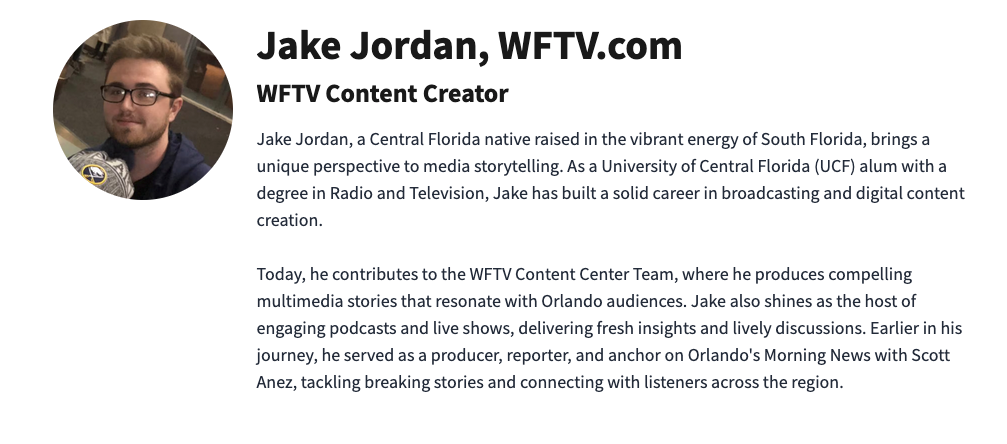 A professional headshot and biography text describing a news reporter's experience and career achievements.