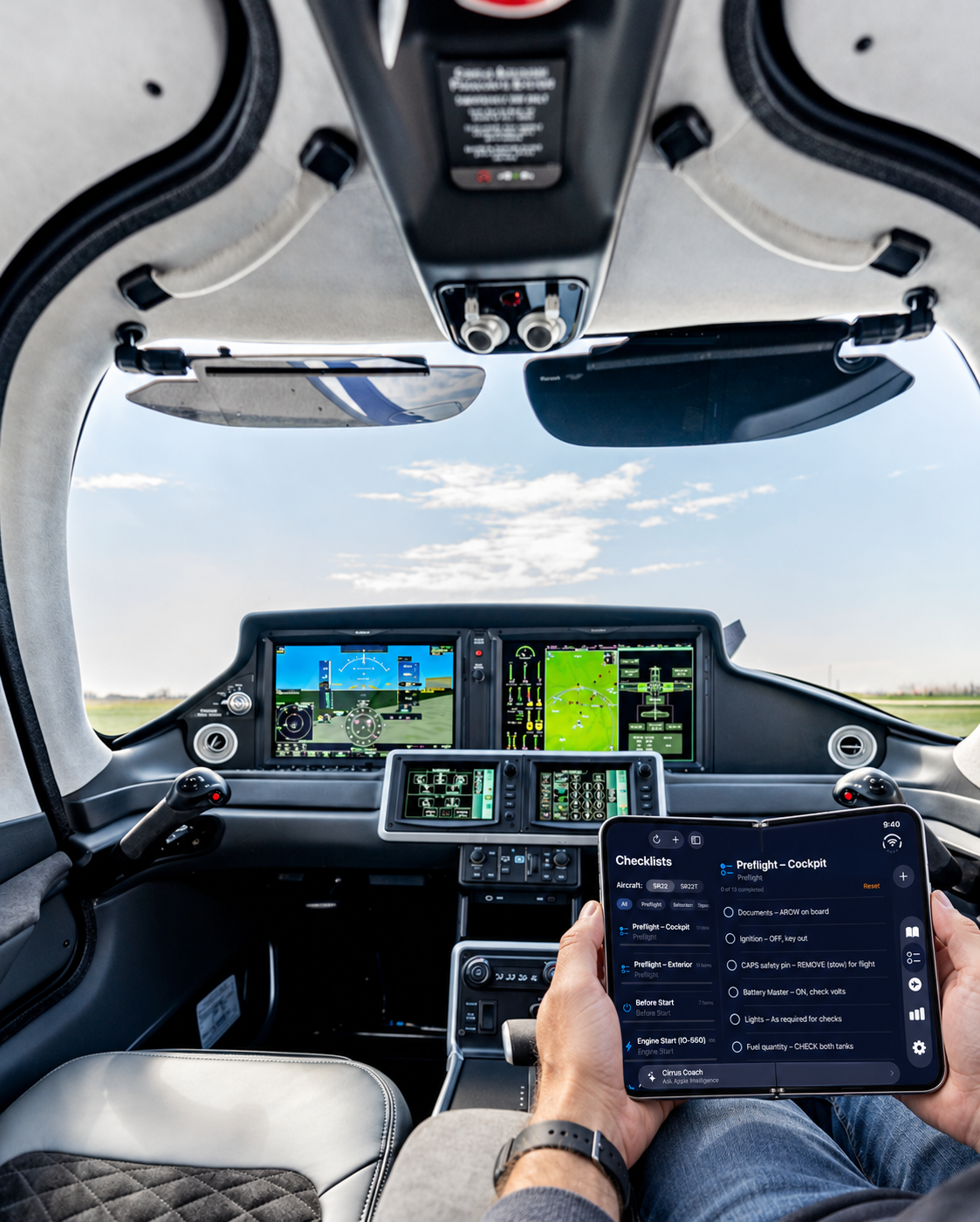 Pilot holding a tablet with a preflight cockpit checklist inside a modern light aircraft with glass cockpit displays and a bright sky view.
