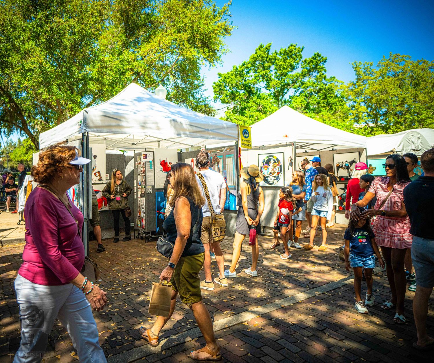 White vendor tents line a shaded path at an outdoor market on a sunny summer day.