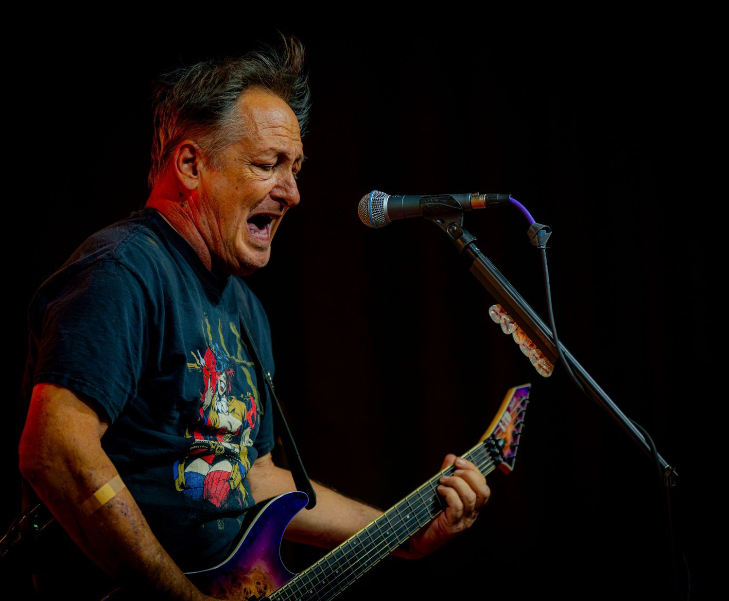 Male guitarist singing passionately into microphone on stage, wearing graphic t-shirt during live rock performance.