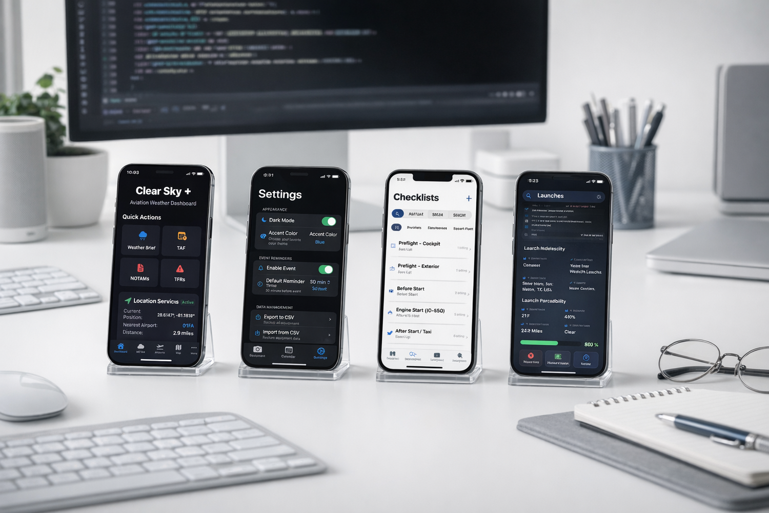 Multiple Apple devices displaying dark mode code interfaces on a clean white desk setup with keyboard and mouse.
