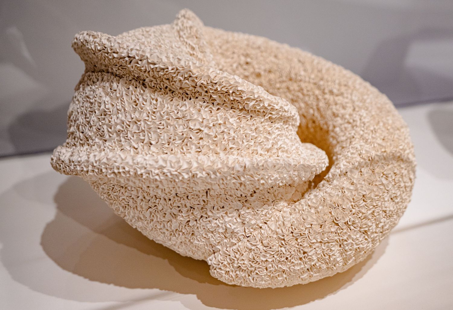 Abstract ceramic sculpture with textured sandy surface, featuring organic flowing curves and ridges on a white display surface.