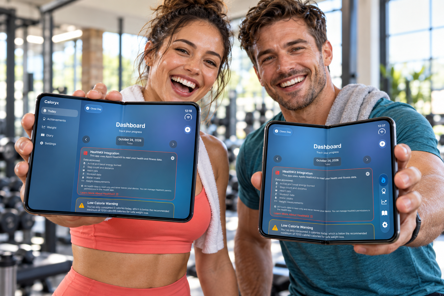 Smiling man and woman in a gym holding tablets that display a fitness dashboard app while posing together near weights.