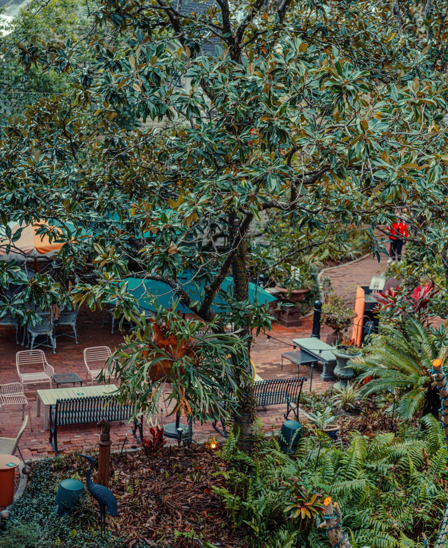 A serene garden setting with lush greenery, trees, and a red accent piece visible among the foliage.