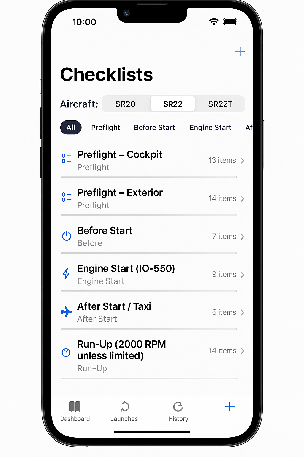 Mobile app interface showing aviation checklists and preflight procedures for different aircraft models.