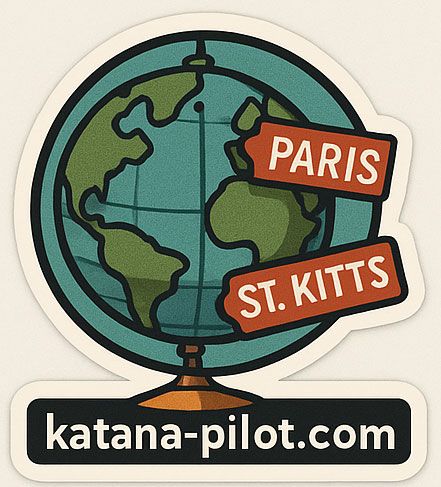 Decorative travel stickers featuring a globe with Paris and St. Kitts destination markers.