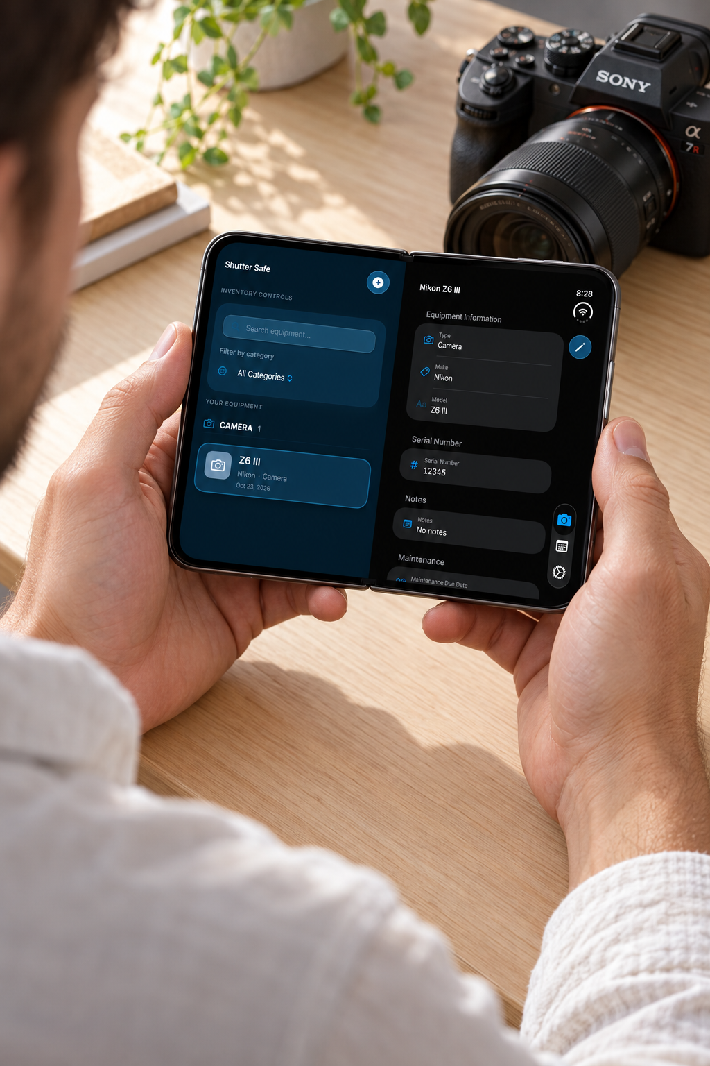 Man holding a foldable smartphone showing a camera equipment inventory app beside a Sony mirrorless camera on a wooden desk.