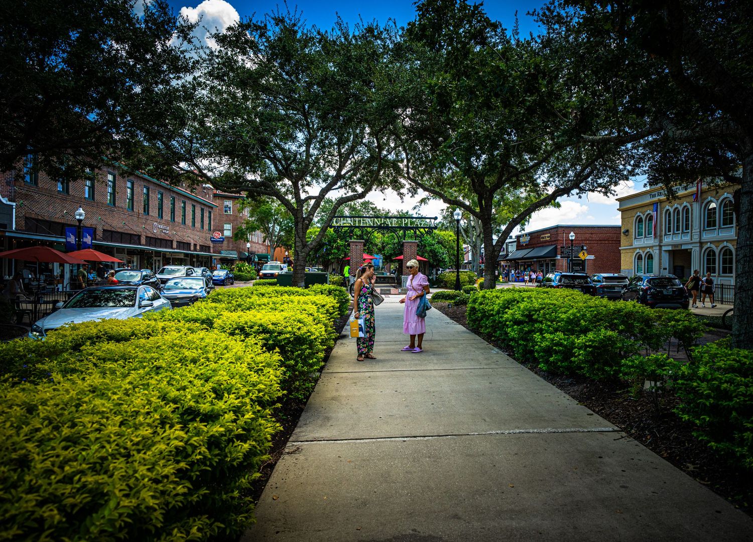 Pedestrian walkway lined with lush yellow-green landscaping in urban shopping area.