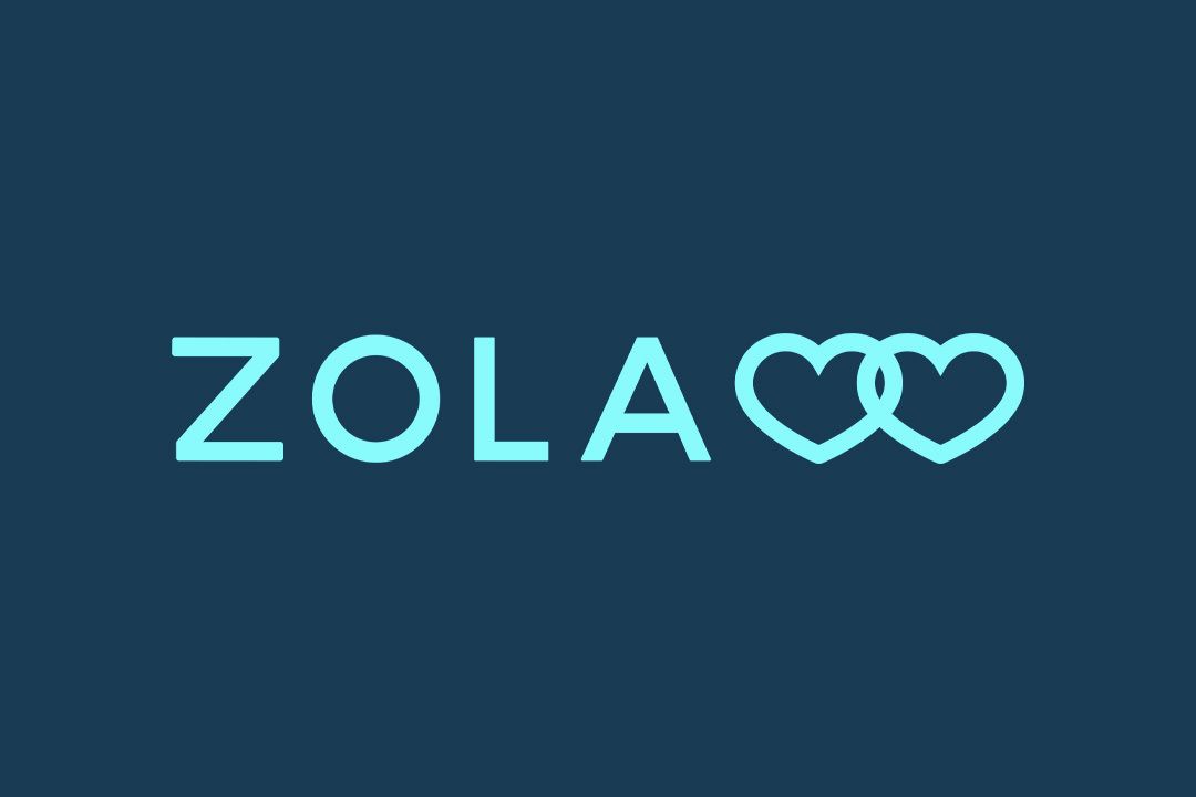 Zola wedding registry logo in teal with two interlinked hearts on a dark teal background.
