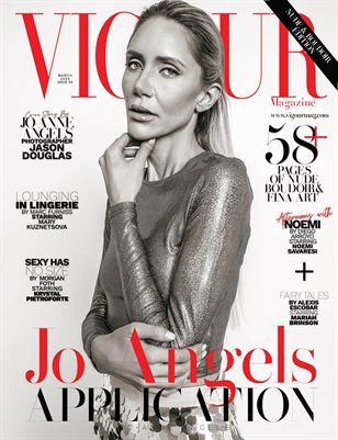 Vogue Magazine cover featuring a blonde woman in a silver dress with bold red text reading Jo Angels Application.