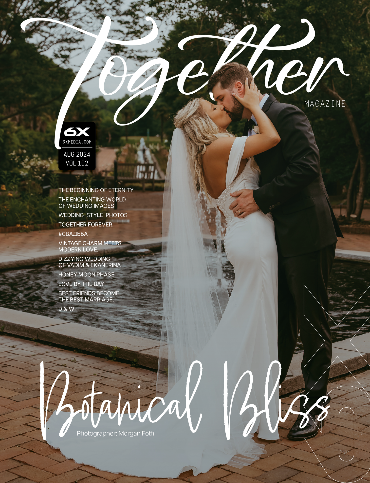Together Magazine Botanical Bliss wedding edition cover featuring bride and groom kissing near fountain.