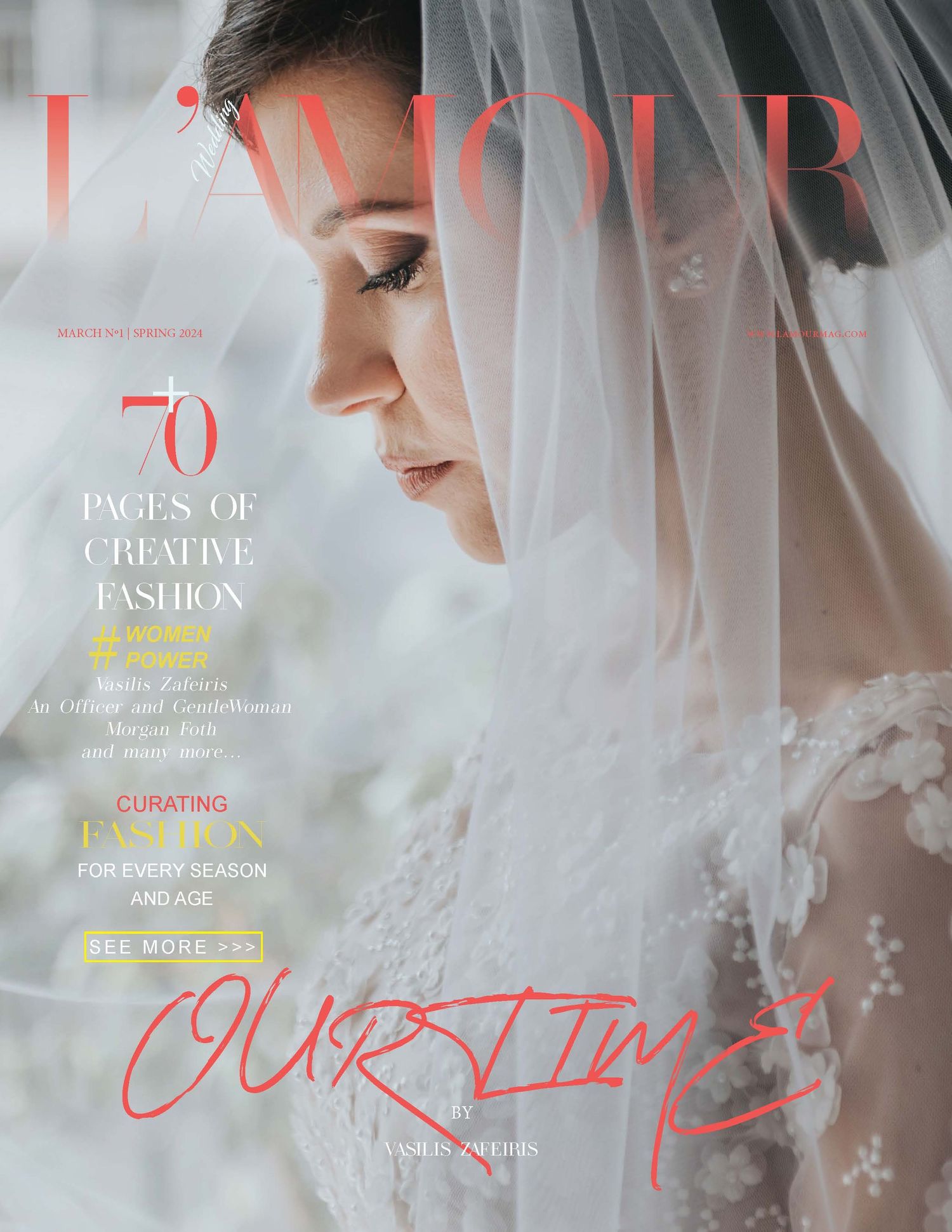 L'Amour Magazine cover featuring a bride in a white veil with red script text reading Our Time.