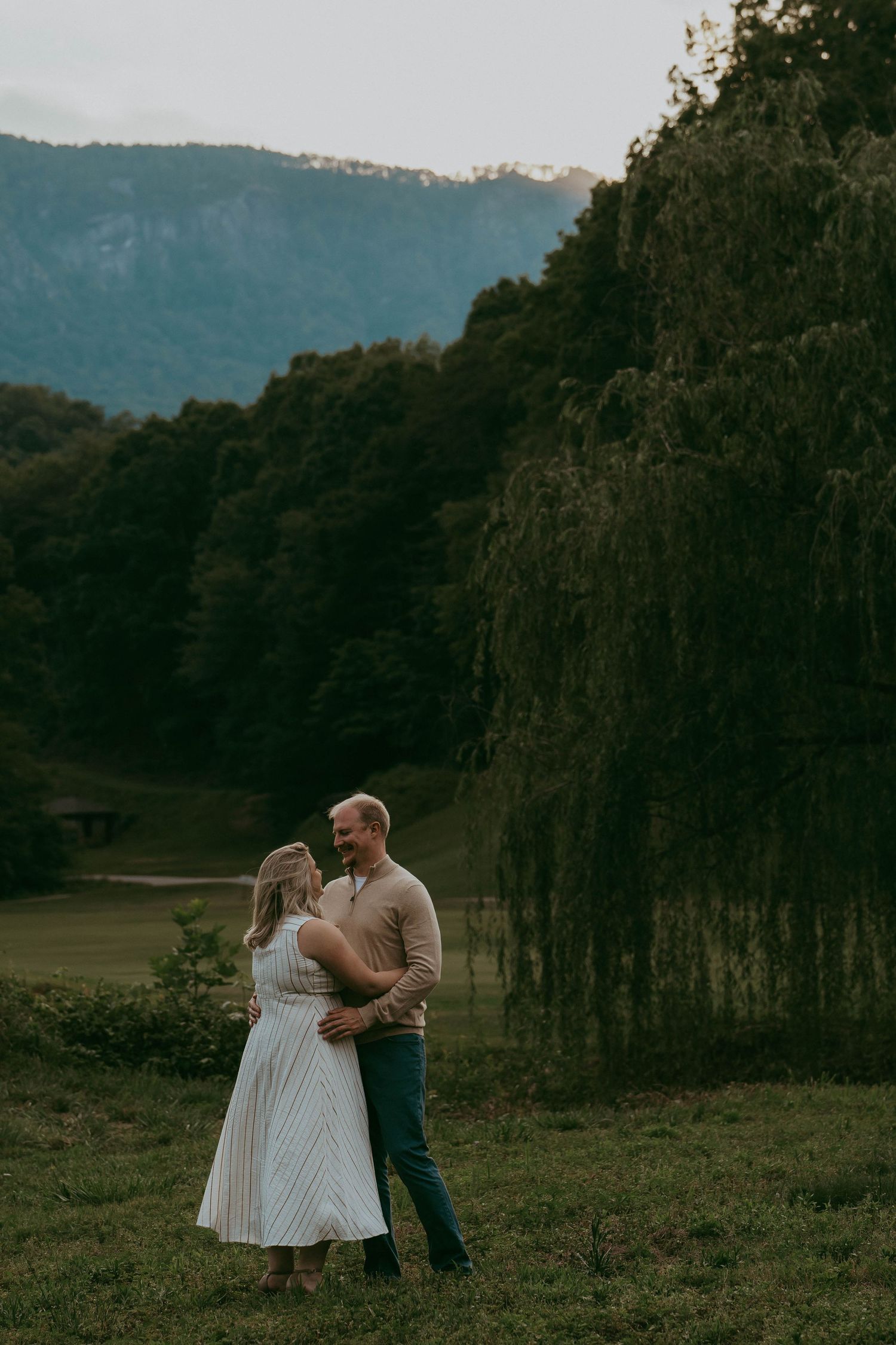 Couple sharing a loving embrace on a green meadow with a weeping willow and mountains.