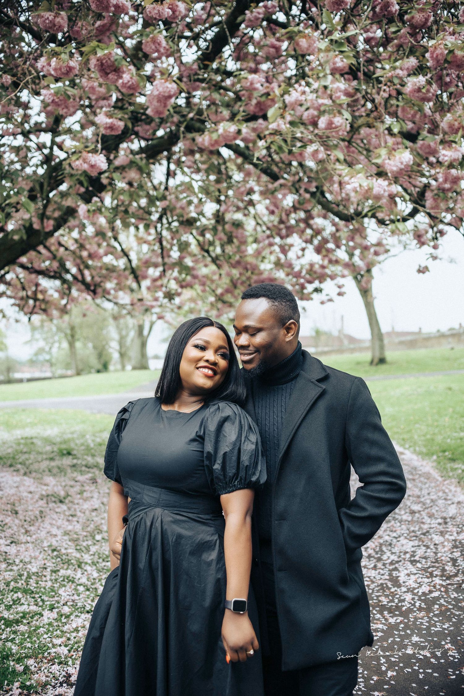 A romantic couple poses under blooming cherry blossoms in a park setting.