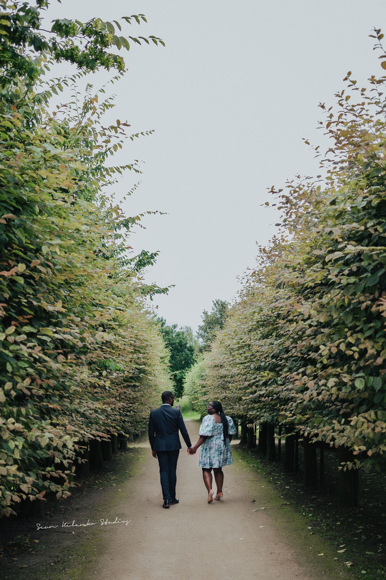 Couple walking hand in hand down tree-lined garden path from behind.