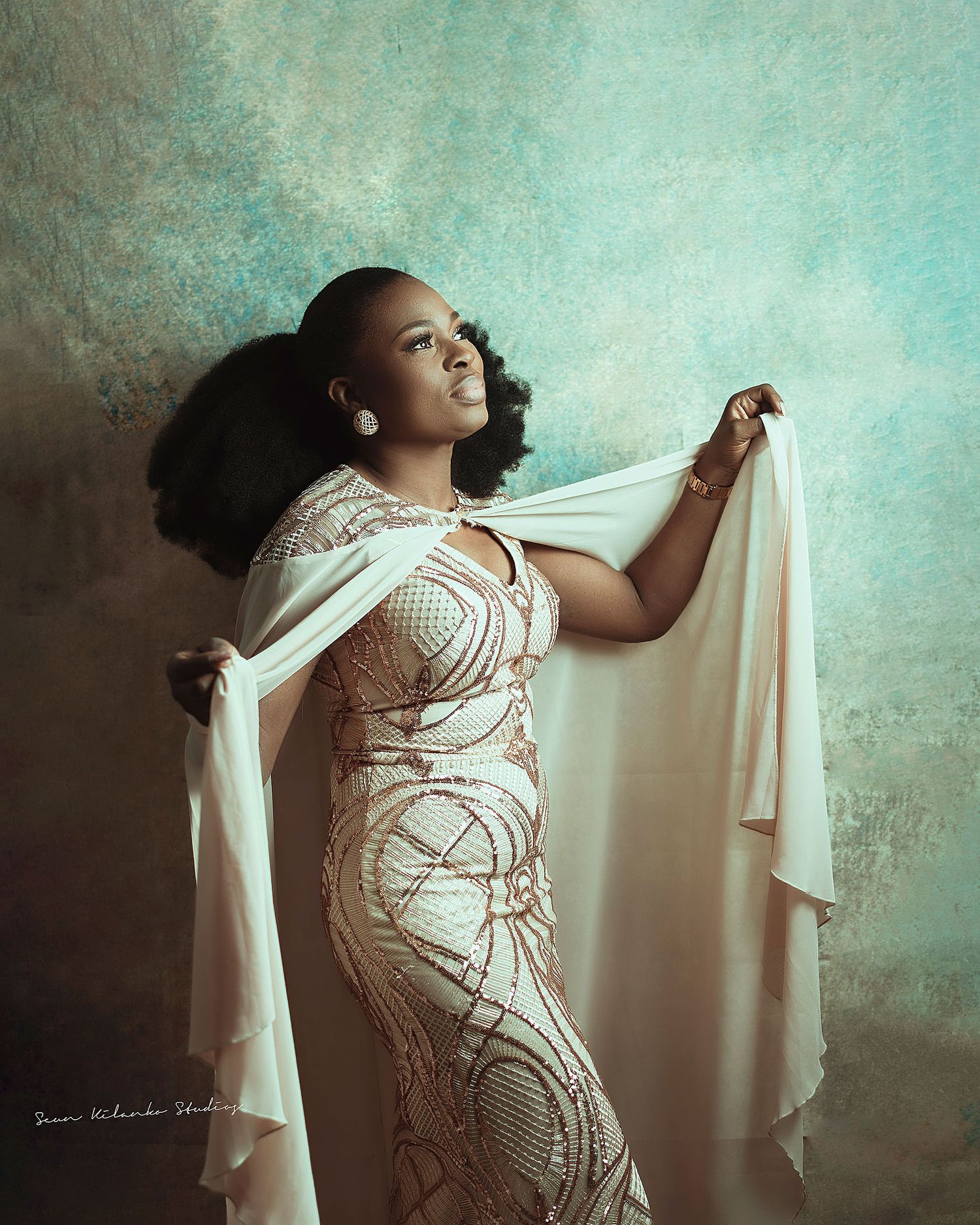 Glamorous portrait in beaded dress with flowing cape against textured background.