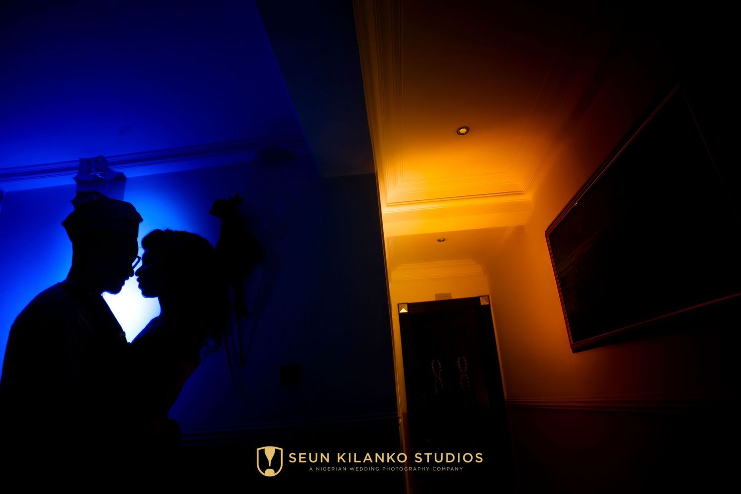 Dramatic silhouette portrait with contrasting blue and orange lighting creating a moody artistic composition.