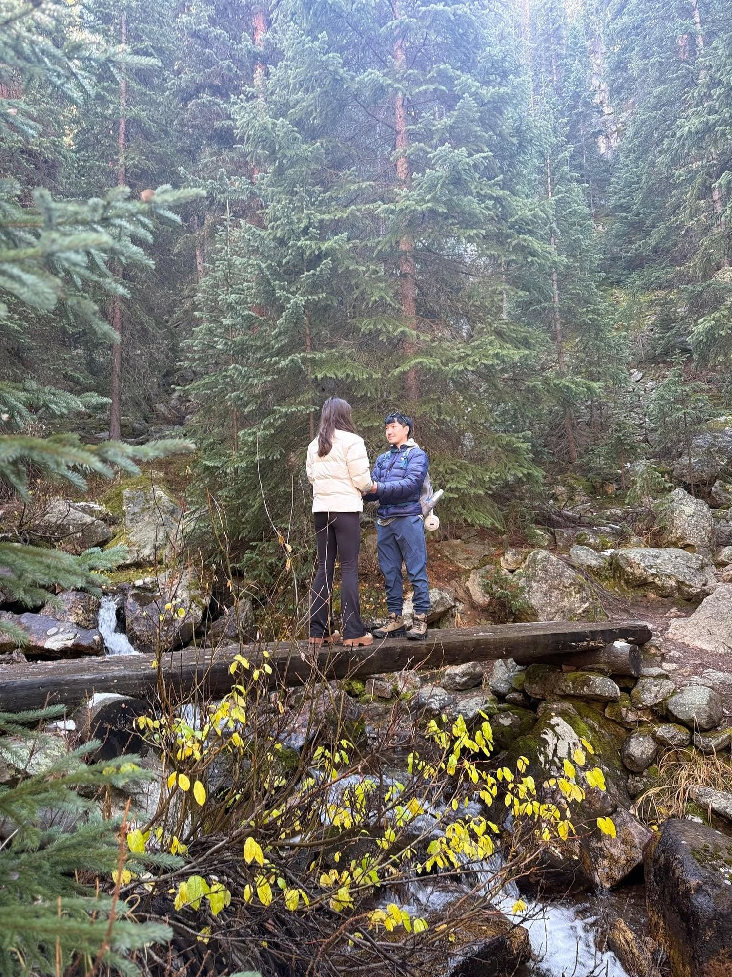 Two hikers stand on a log bridge over a rocky mountain stream, surrounded by tall evergreen trees and yellow autumn foliage.