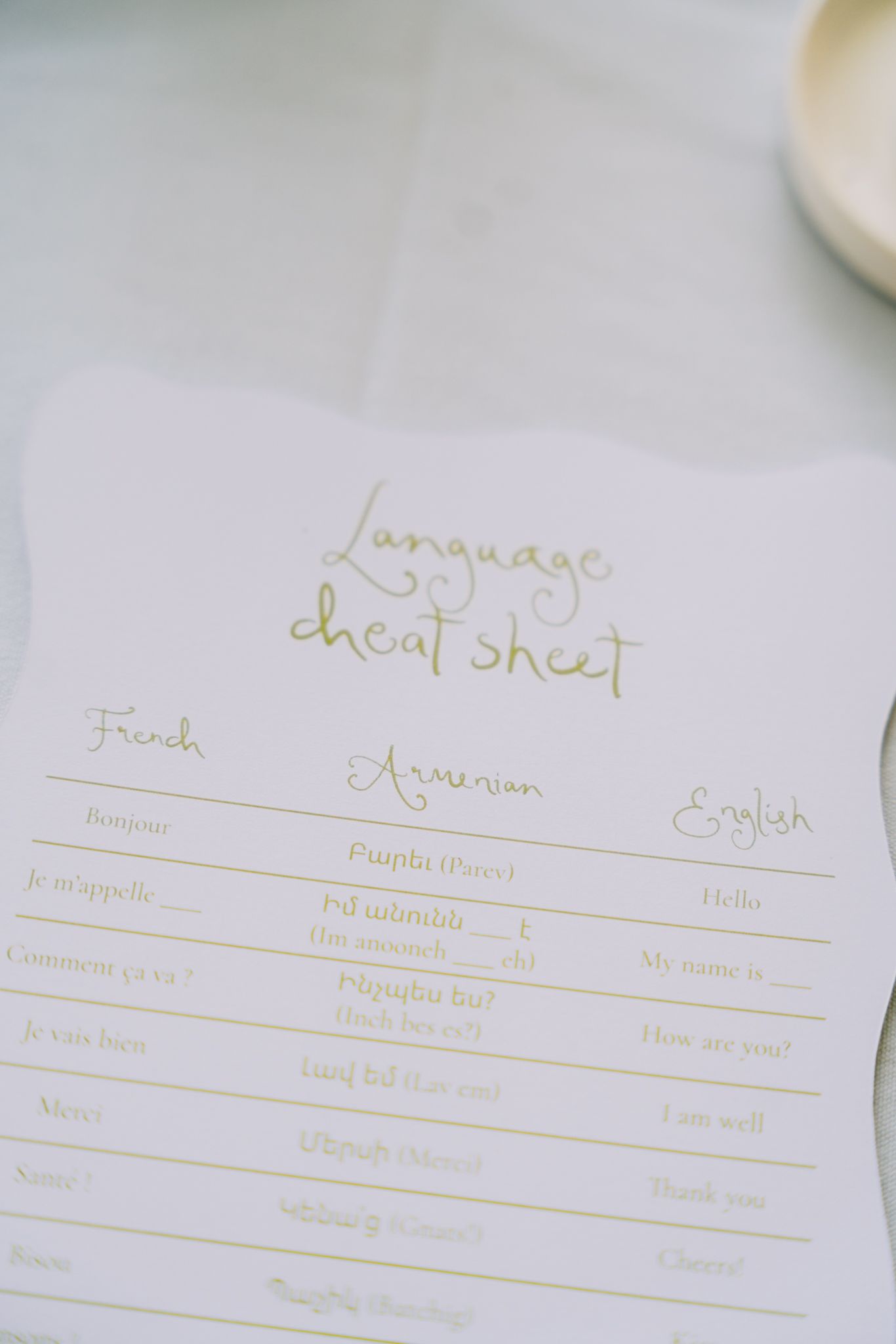 Close-up view of handwritten language translation notes on white paper showing vocabulary and phrases.