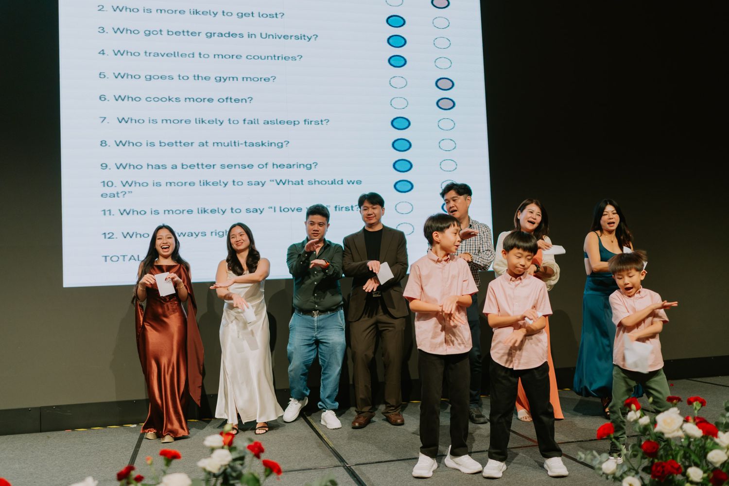 Group of people standing on stage at a quiz game event with questions displayed on a large screen behind them.