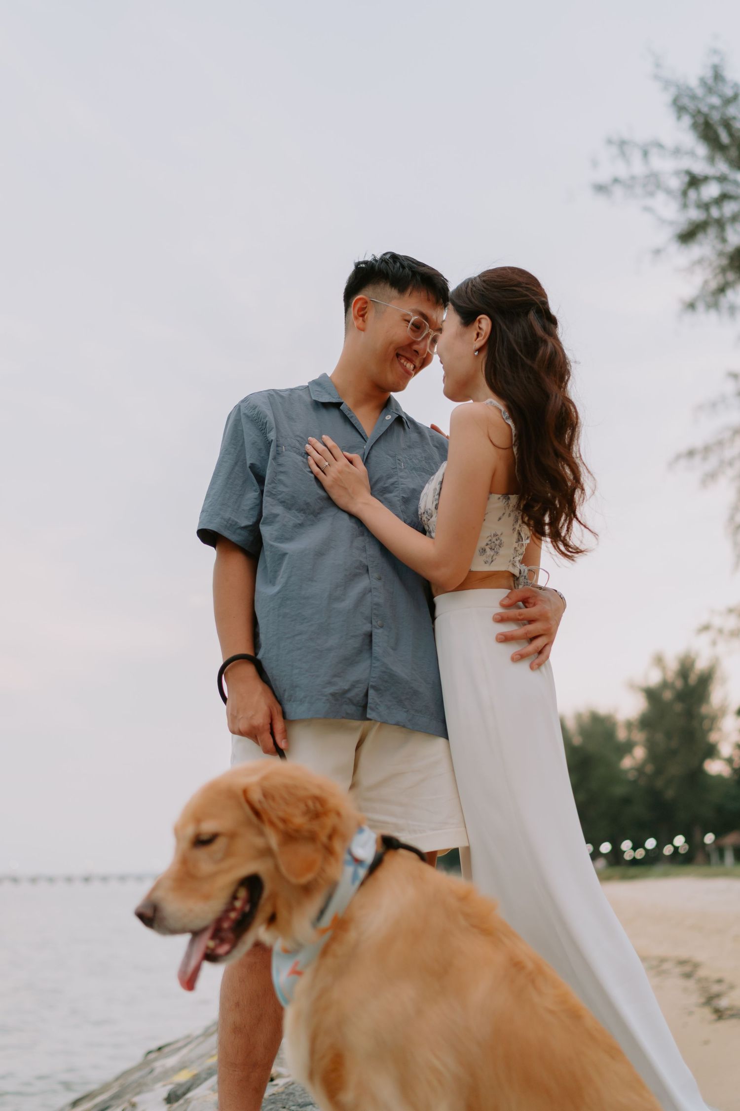 Romantic couple embracing near beach at sunset with golden retriever dog in foreground.