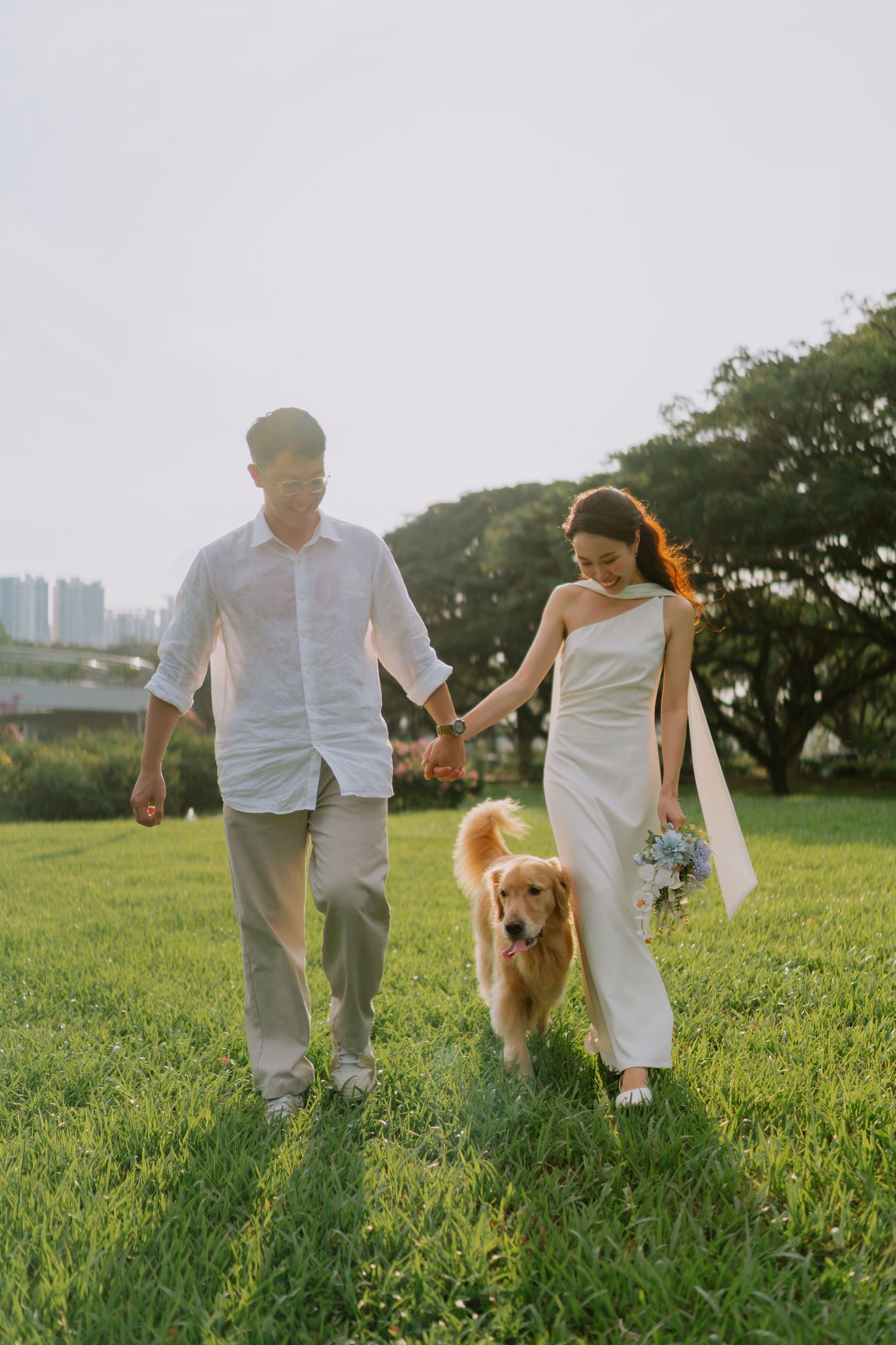 Couple in white wedding attire stroll hand-in-hand with golden retriever on sunny green lawn.