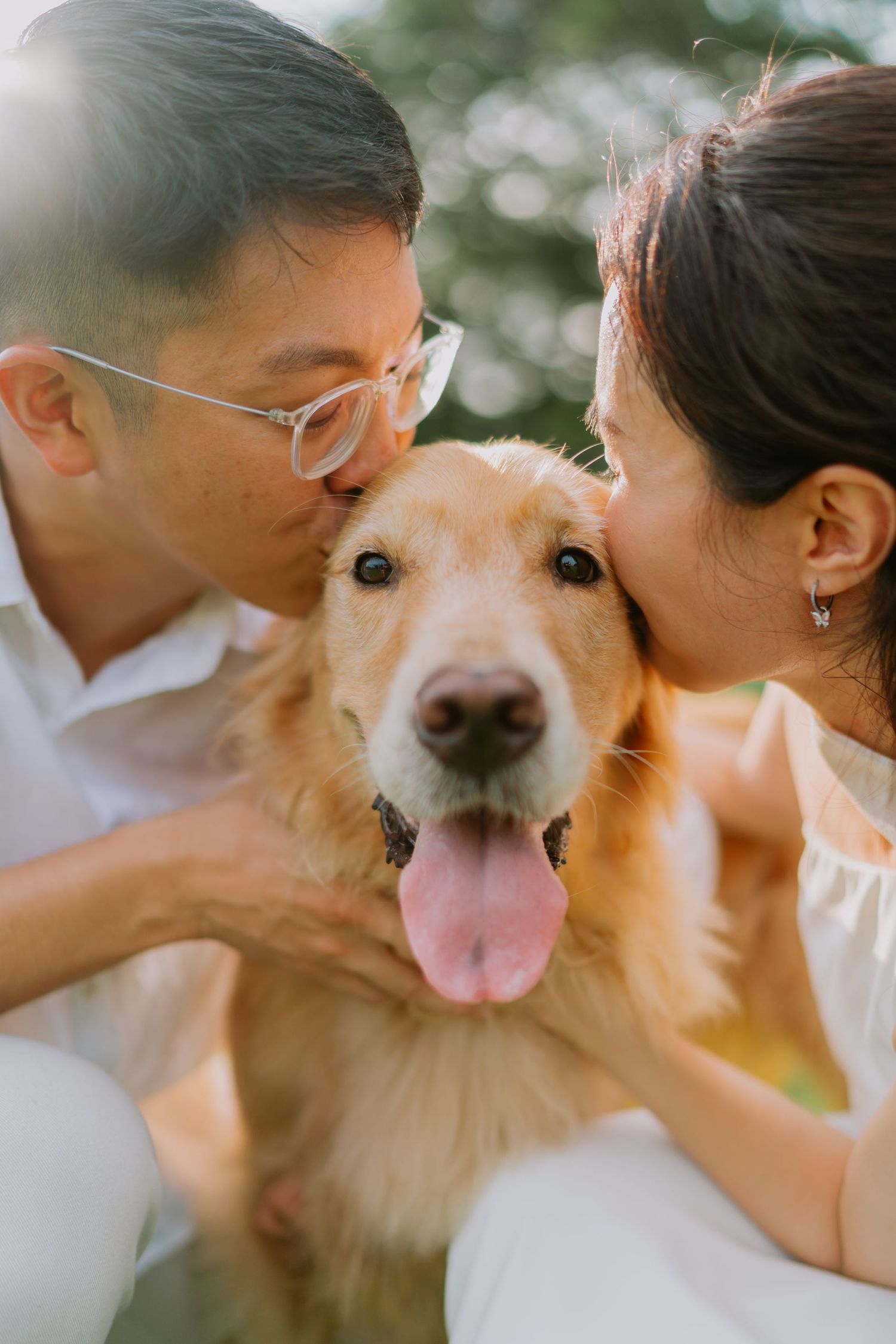 Bride and groom each kiss golden retriever on cheeks in warm sunlit outdoor setting.