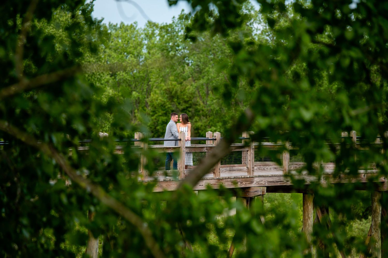 Couple embracing on a rustic wooden bridge surrounded by lush green trees in a romantic outdoor setting.