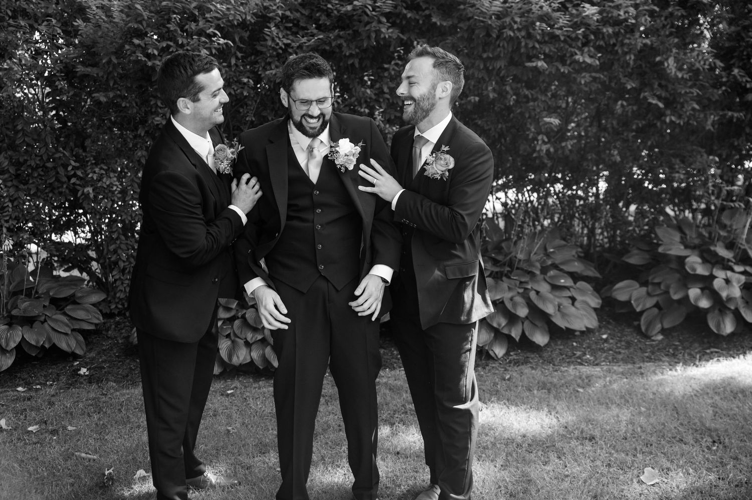 A sequence of joyful moments captured in black and white photos of people in formal attire outdoors.
